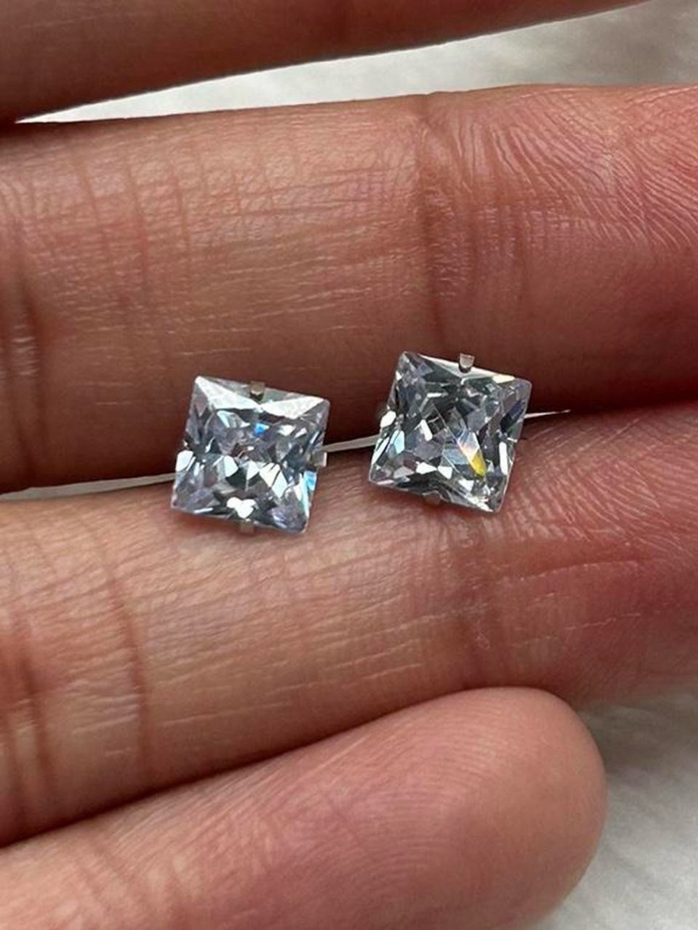 Classic Square-Cut Clear Stone Stud Earrings - Silver Tone